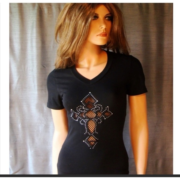 Tee Black Small Mesh See Through Cross Short Sleeve Rhinestones Biker Sexy NWT S - Picture 3 of 7